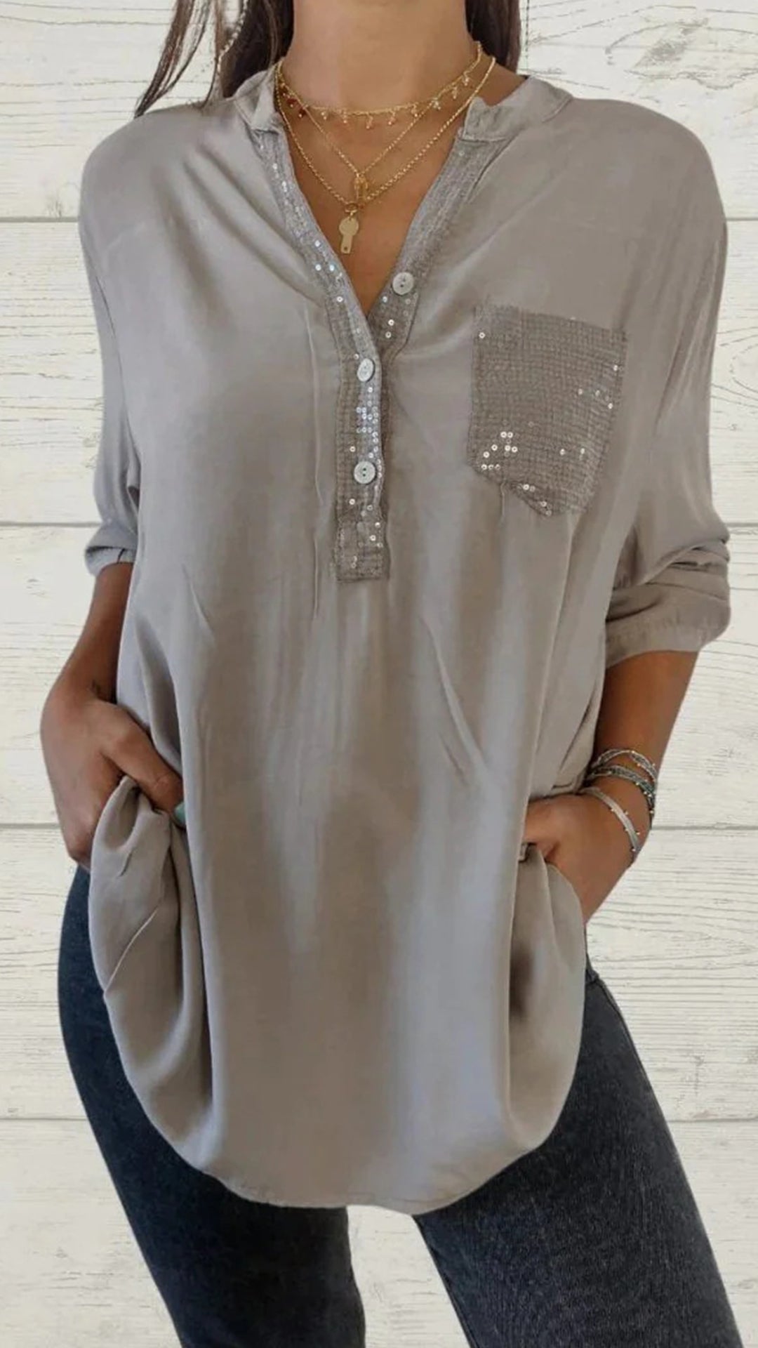 Solid color V-neck pocket women’s top shirt in multiple colors