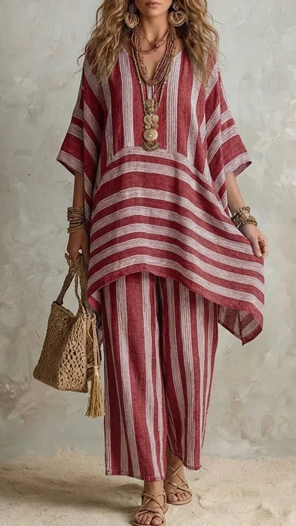 Casual Loose Striped Cotton And Linen Top And Pants Two-piece Set