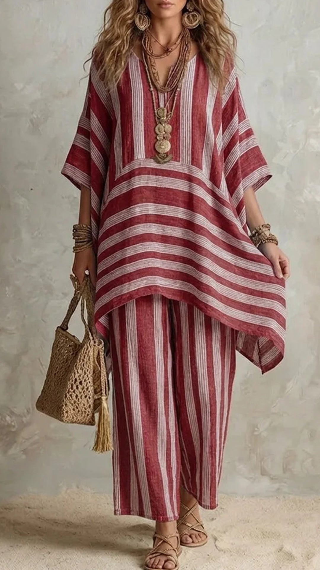 Casual Loose Striped Cotton And Linen Top And Pants Two-piece Set