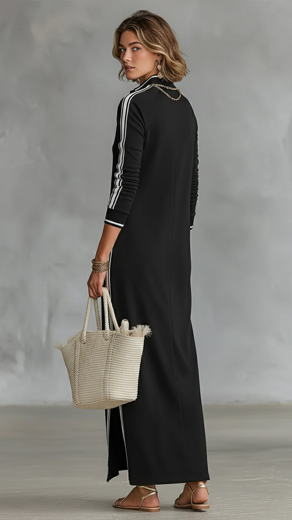 Women’s Black and White Striped Sporty Stand-Collar Maxi Dress