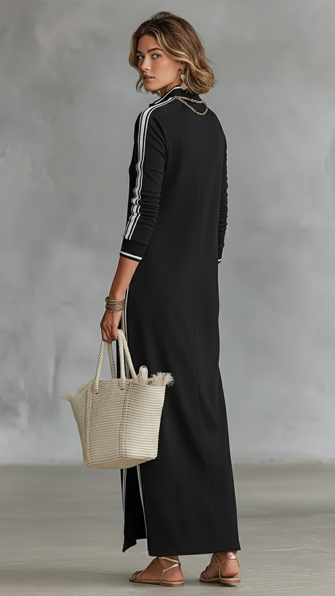 Women’s Black and White Striped Sporty Stand-Collar Maxi Dress