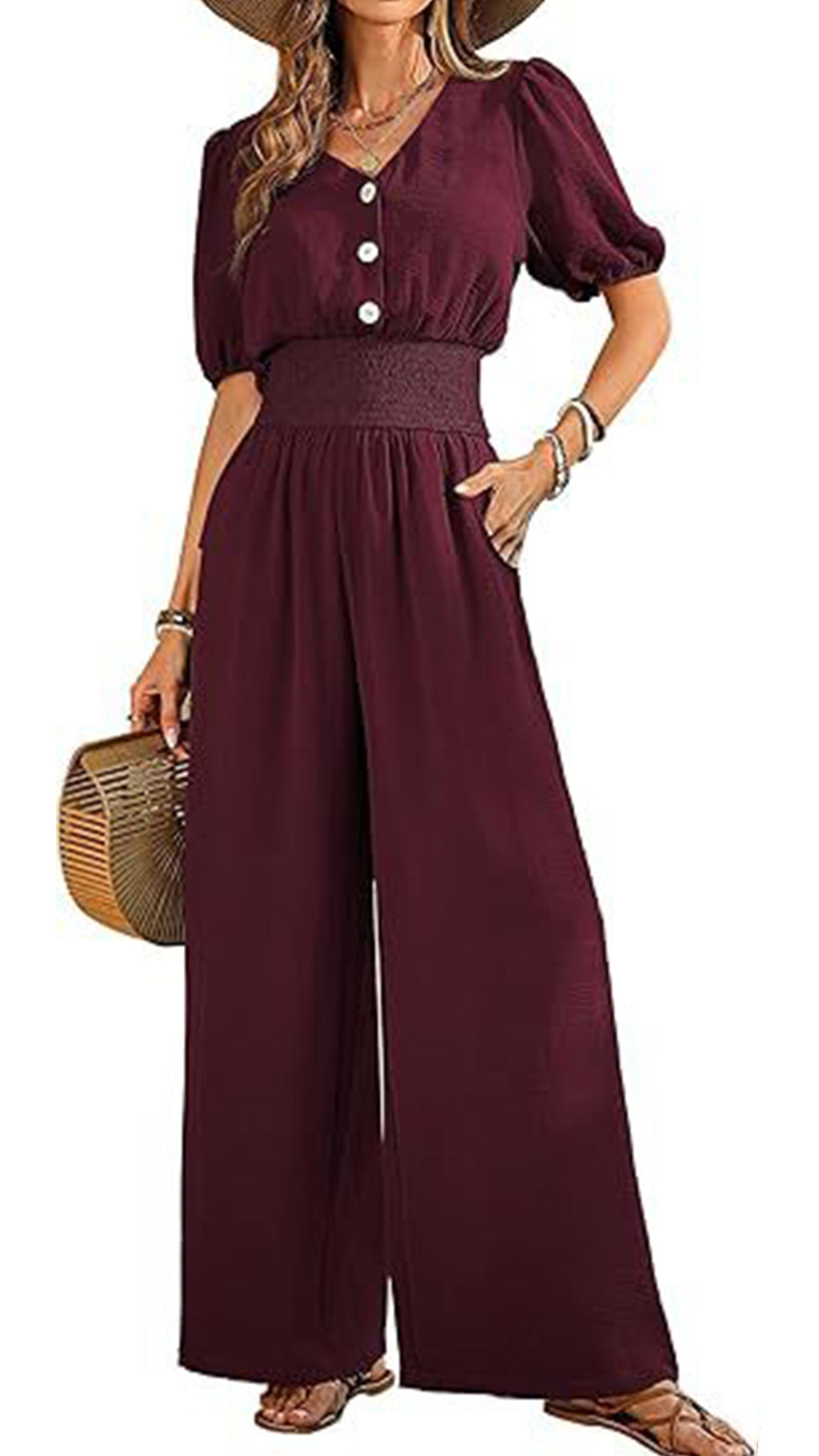 Women’s V-Neck Jumpsuit with Puff Sleeves, Cinched Waist, and Wide Legs