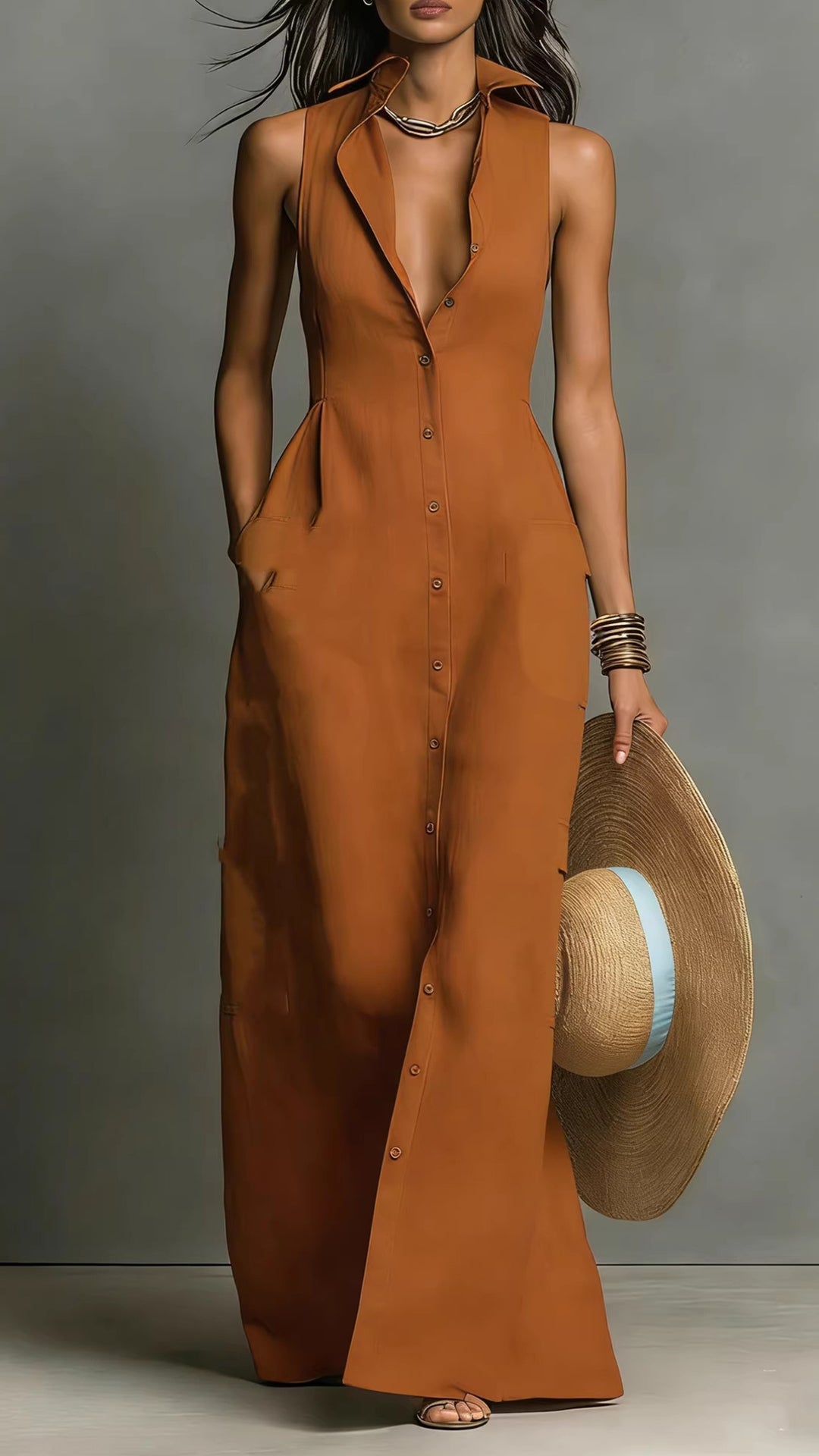 Women’s Sleeveless Collared Waist-Cinching Long Shirt Dress
