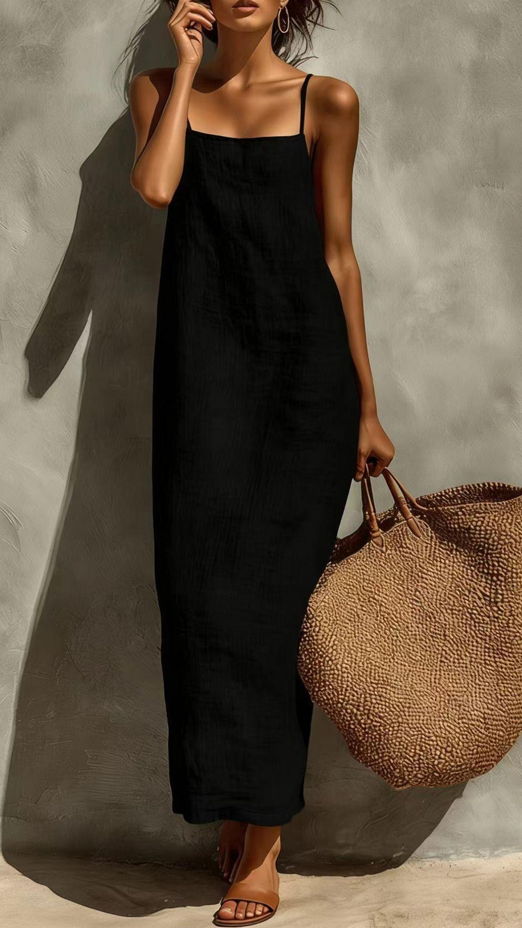 Women’s Square-Neck Straight-Cut Maxi Dress with Thin Straps