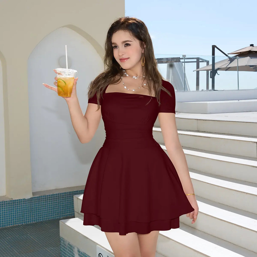Hot Sale 50% OFF Casual Square Neck Mini Dress | Ruffle Hem | Short Sleeve | With Pockets