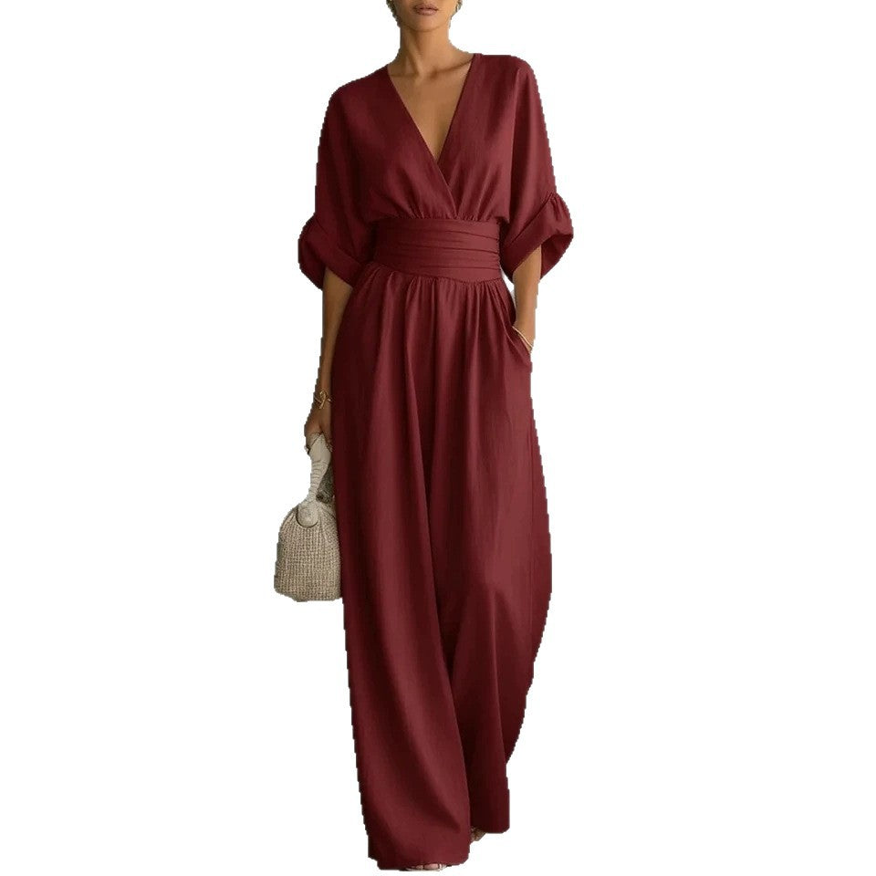 Women’s Solid-Color V-Neck Jumpsuit