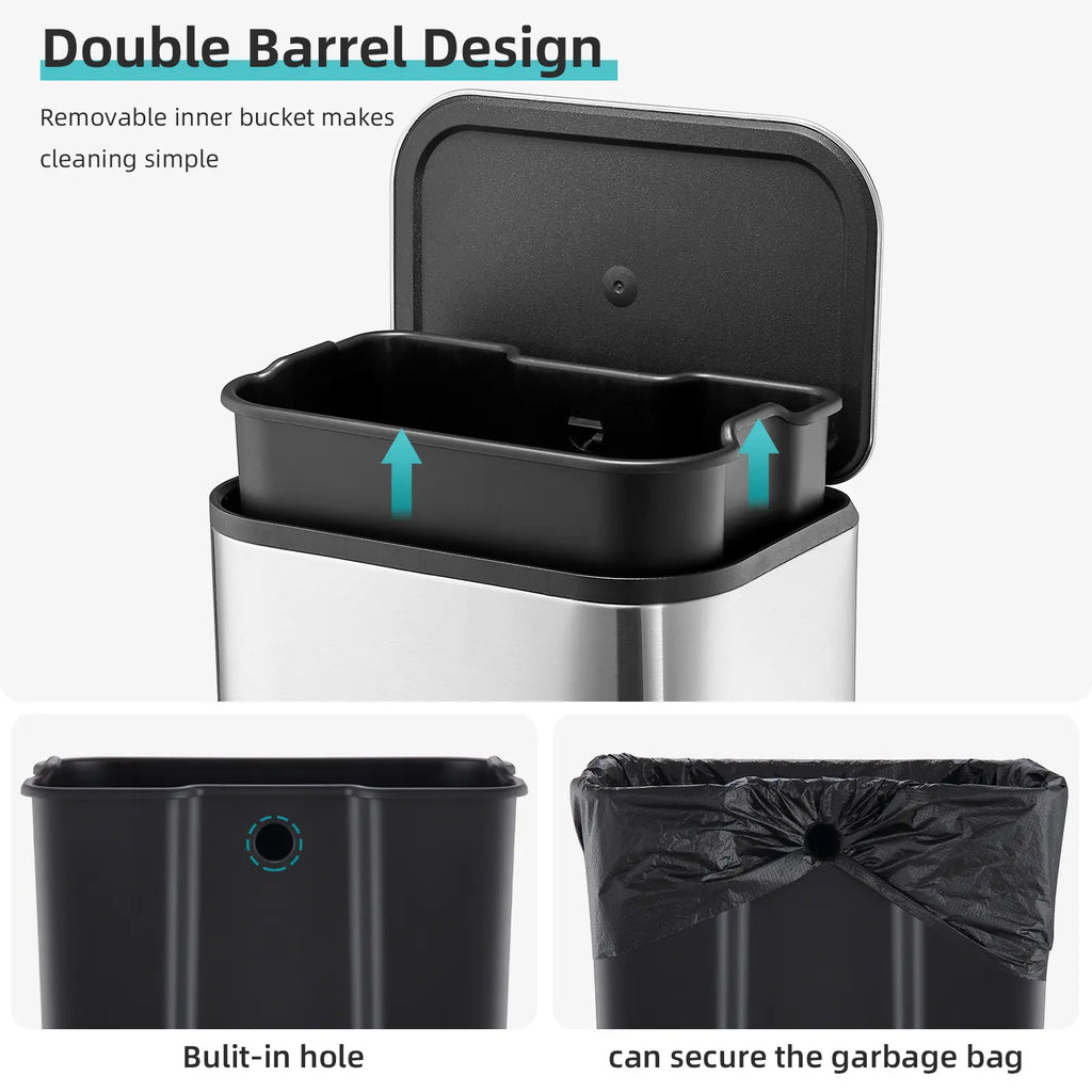 Garvee 8 Gallon Stainless Steel Kitchen Trash Can 30L Rectangular Step Garbage Bin With Soft Close Lid And Fingerprint Resistant Surface Silver