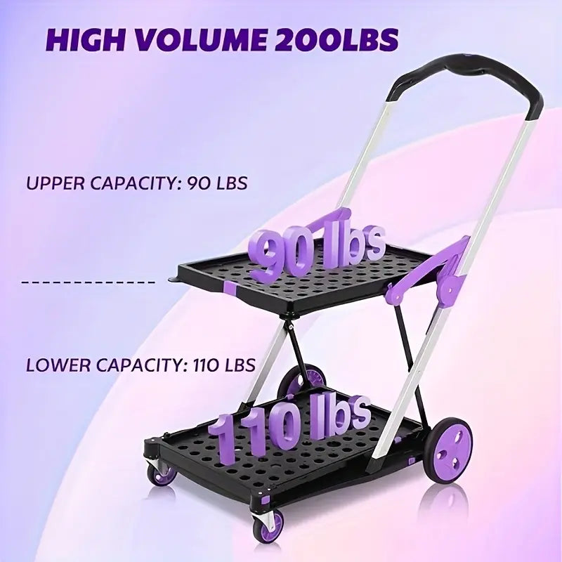 Multi use Functional Collapsible Carts,Mobile Folding Trolley,with Wheels & Removable Basket Carries,2 baskets included,Adjustable Foldable rolling trolley for home,grocery,supermarket. Lightweight,Purple Trolley Storage Crate Portable Convenience cart