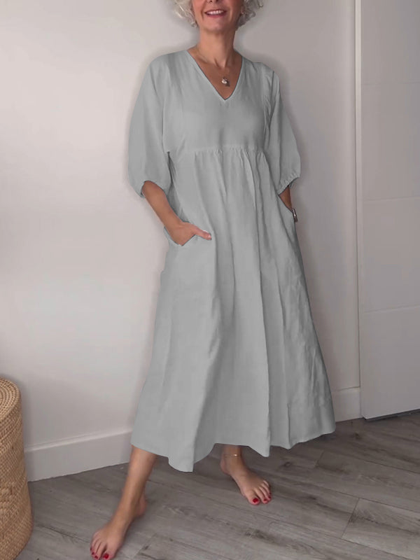 🔥Clearance Sale🔥 Women’s Casual Fashion V-Neck Solid Color Mid-Length Sleeve Dress