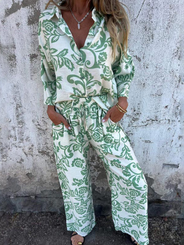 Women’s Fashion Two Piece Printed Lapel Button-Down Shirt and Wide-Leg Pants Set
