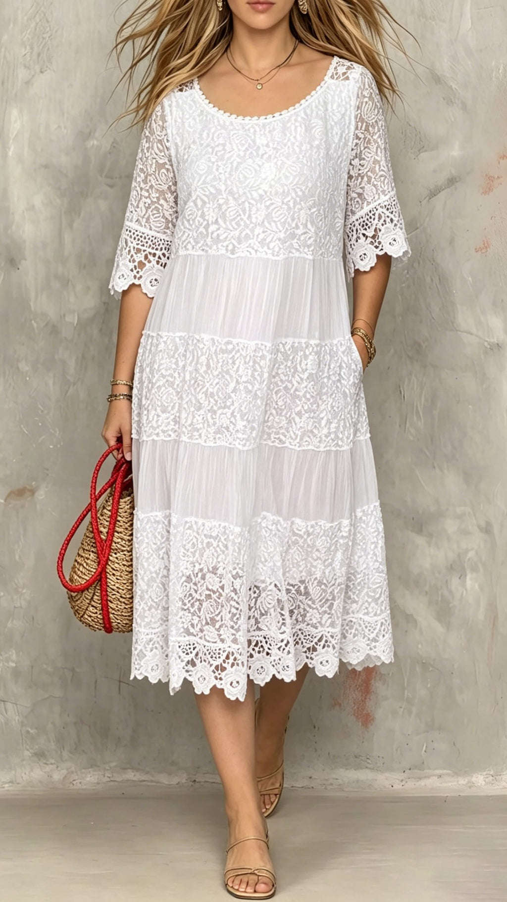 Women’s Round-Neck Short-Sleeve Lace-Trimmed Dress