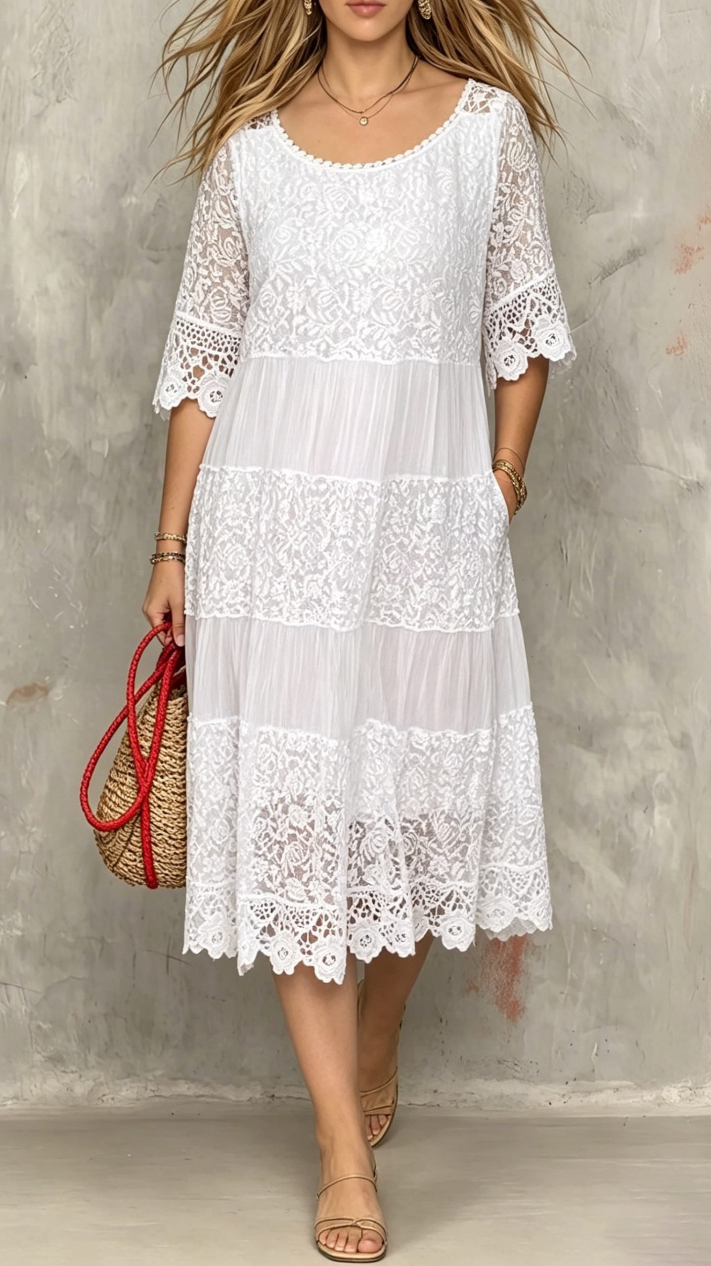 Women’s Round-Neck Short-Sleeve Lace-Trimmed Dress
