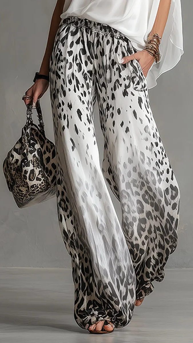 Women’s Fashion Two-Piece Set: White T-Shirt & Leopard Print Chiffon Pants