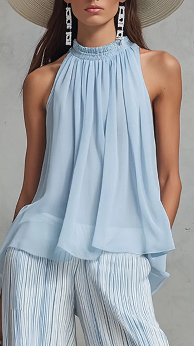 Women’s Vacation-Style Outfit: Light Blue Chiffon Sleeveless Top & Striped Wide-Leg Pants Set
