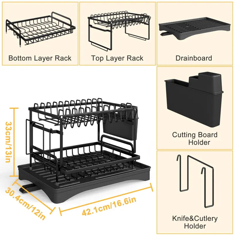 Double-Layer Kitchen Countertop Drain Rack, Metal Material, with Drain Board, Can Hold Tableware, Carbon Steel Material, Kitchen Storage Rack