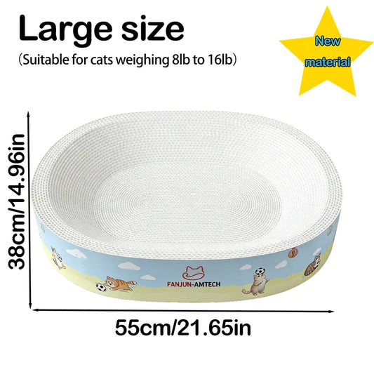【Summmer Launch】No-shed oval cat scratcher with ample space to play and sleep. Made of premium reinforced, non-slip corrugated cardboard
