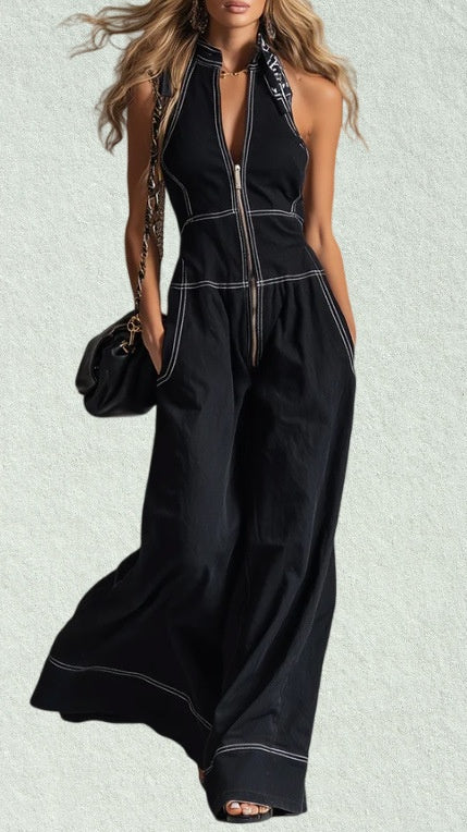 🔥Women’s Stylish & Elegant Sleeveless Wide-Leg Jumpsuit with Front Zipper