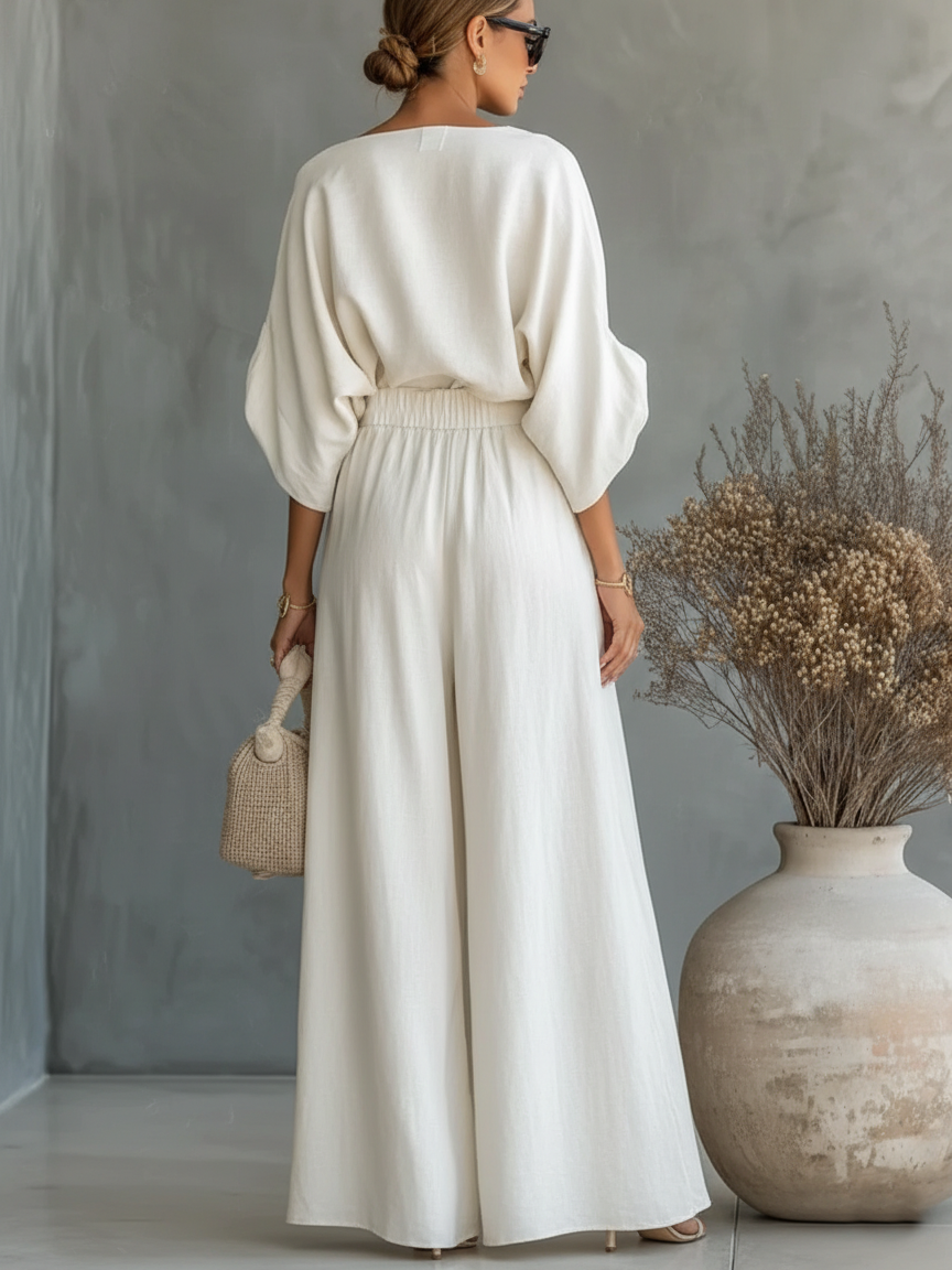 Women’s Elegant Off-Shoulder Shirt and Wide-Leg Pants Two-Piece Set