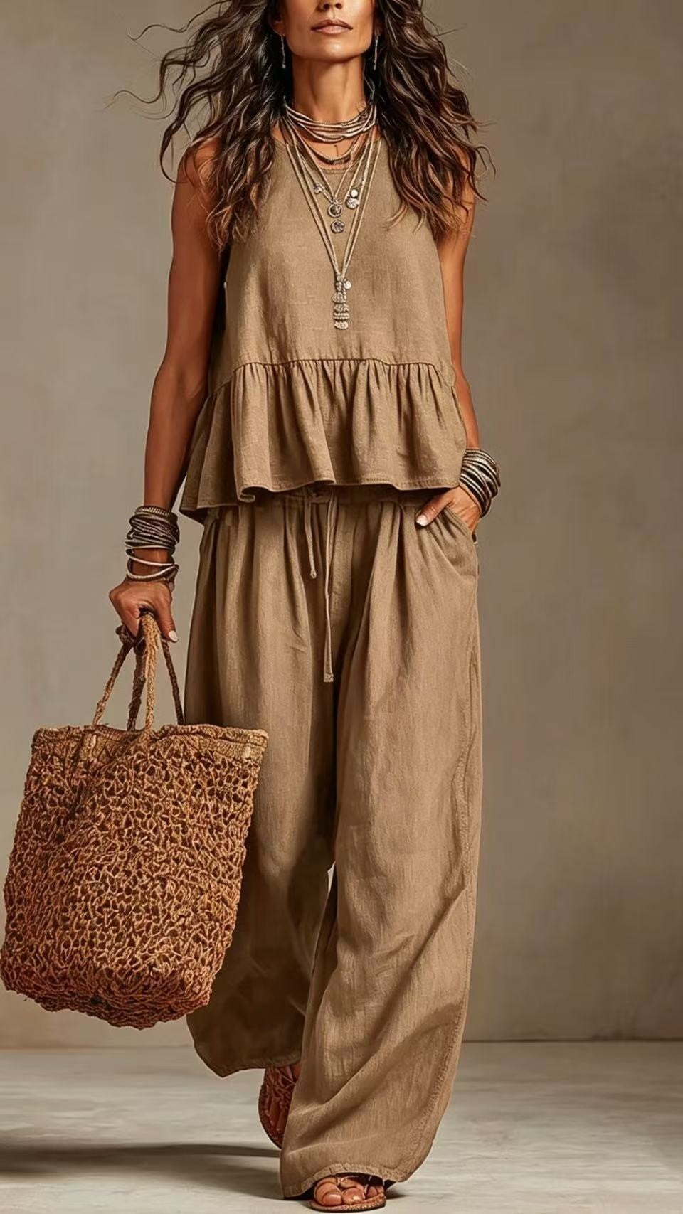 Women’s Cotton-Linen Two-Piece Set: Ruffled Sleeveless Top & Wide-Leg Pants