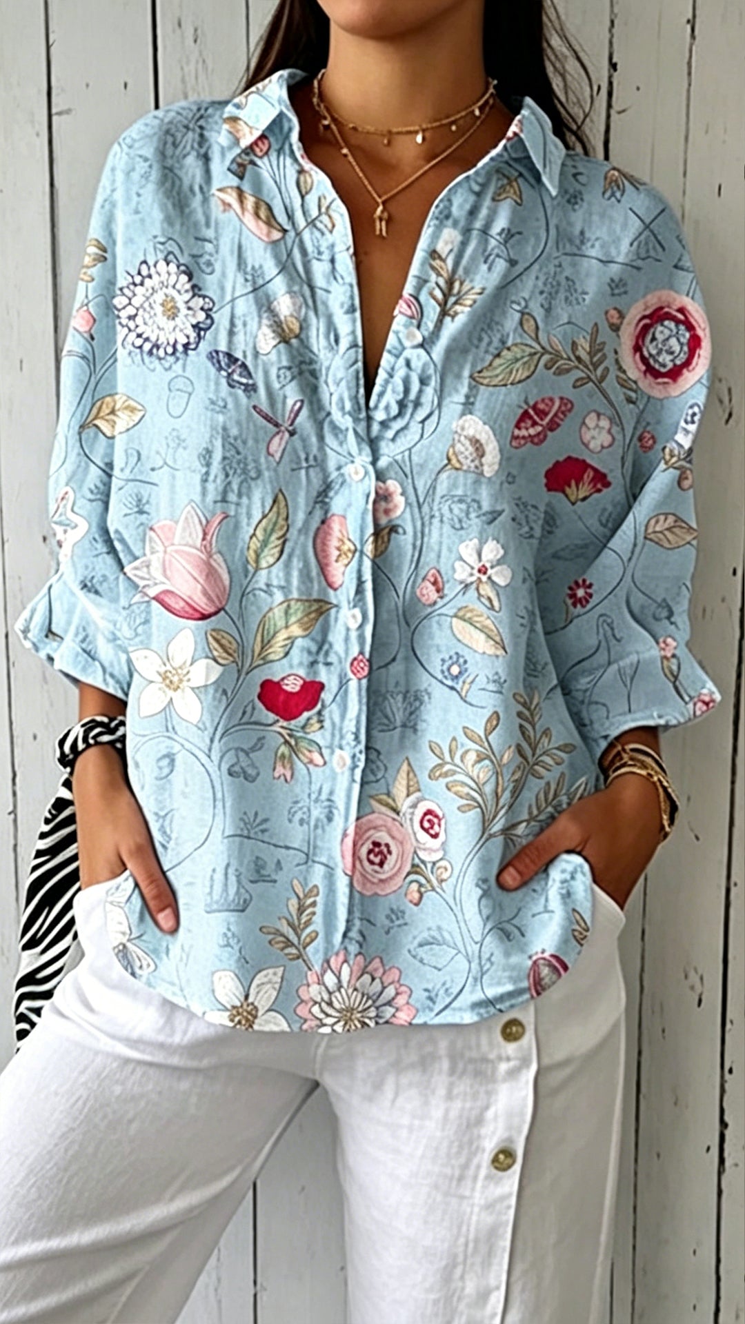 Women’s Blue Floral Print Polyester Shirt