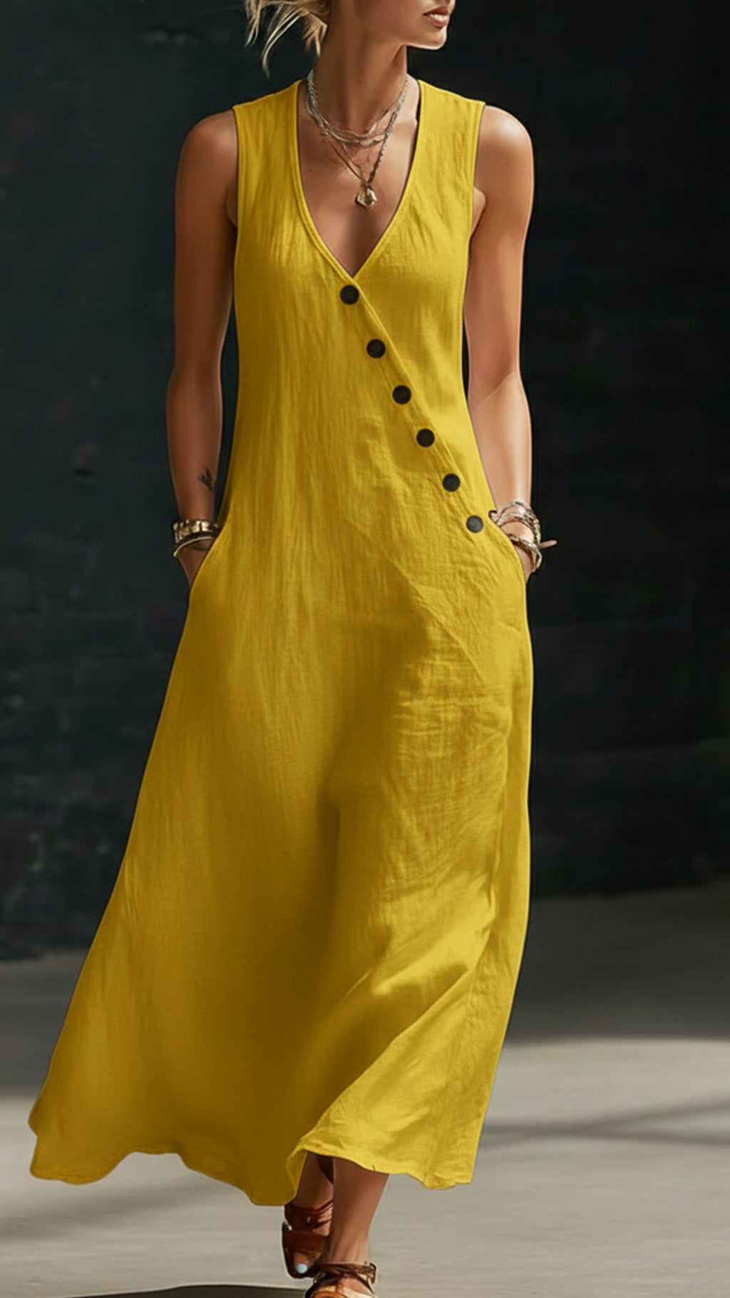 “Effortless Chic” Style V-Neck Button-Front Cotton-Linen Maxi Dress — Sleeveless Tank Dress