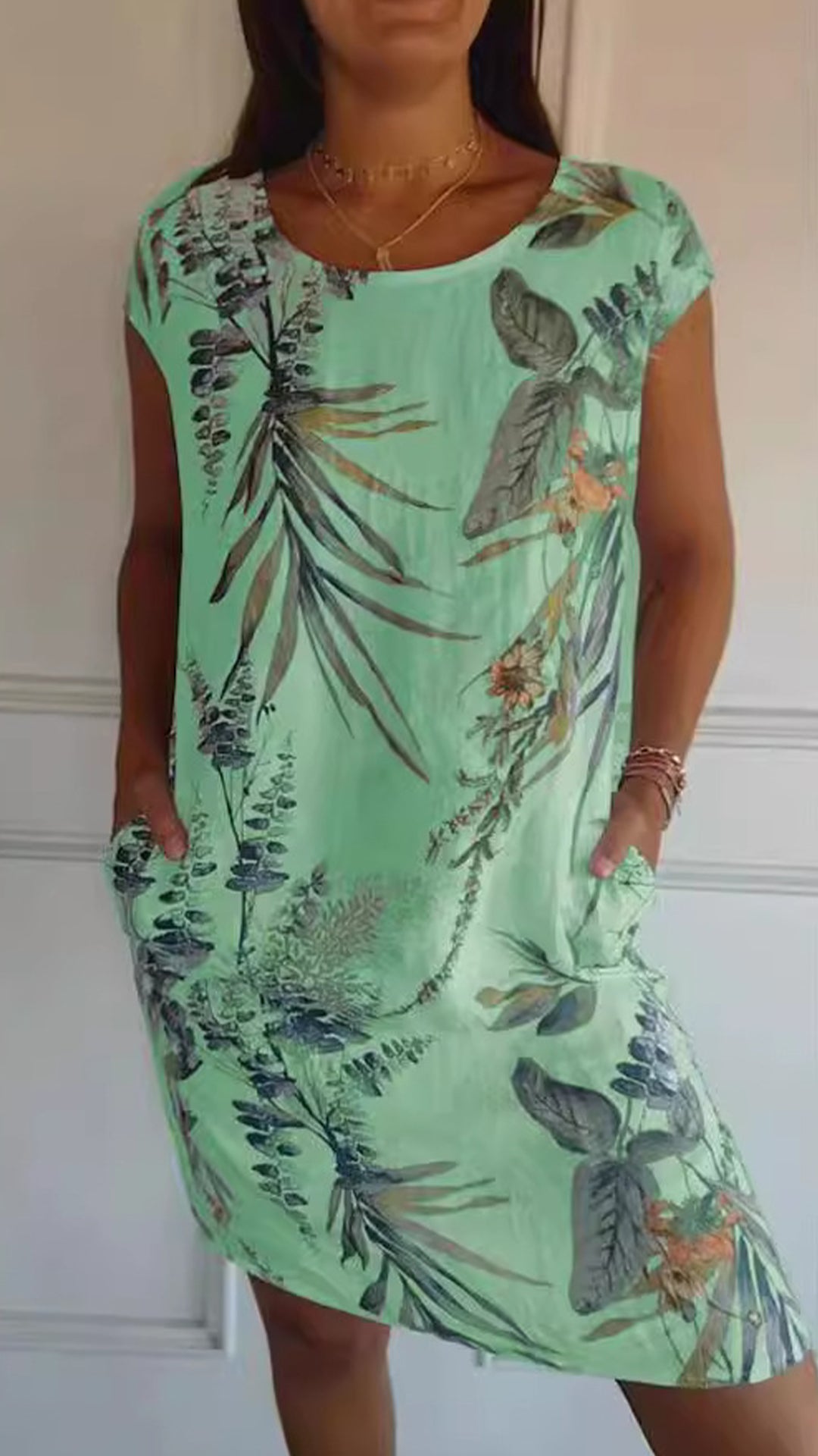 Women’s Botanical Print Crew Neck Loose Short Sleeve Dress