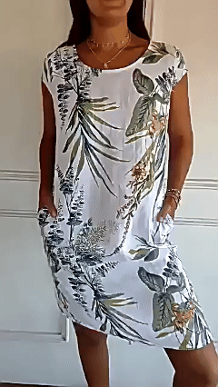 Women’s Botanical Print Crew Neck Loose Short Sleeve Dress