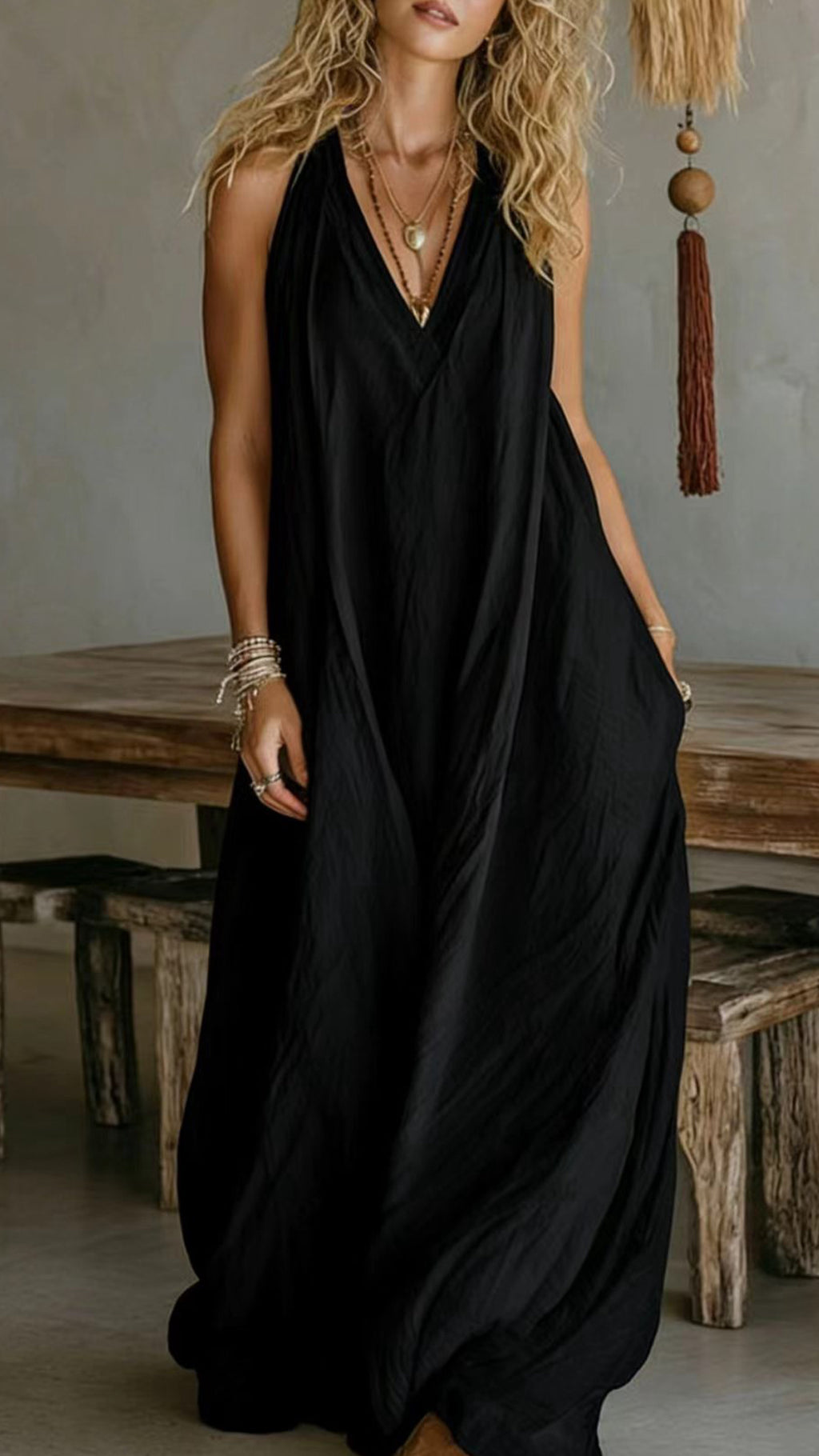 Women’s Halter V-Neck Linen-Blend Maxi Dress