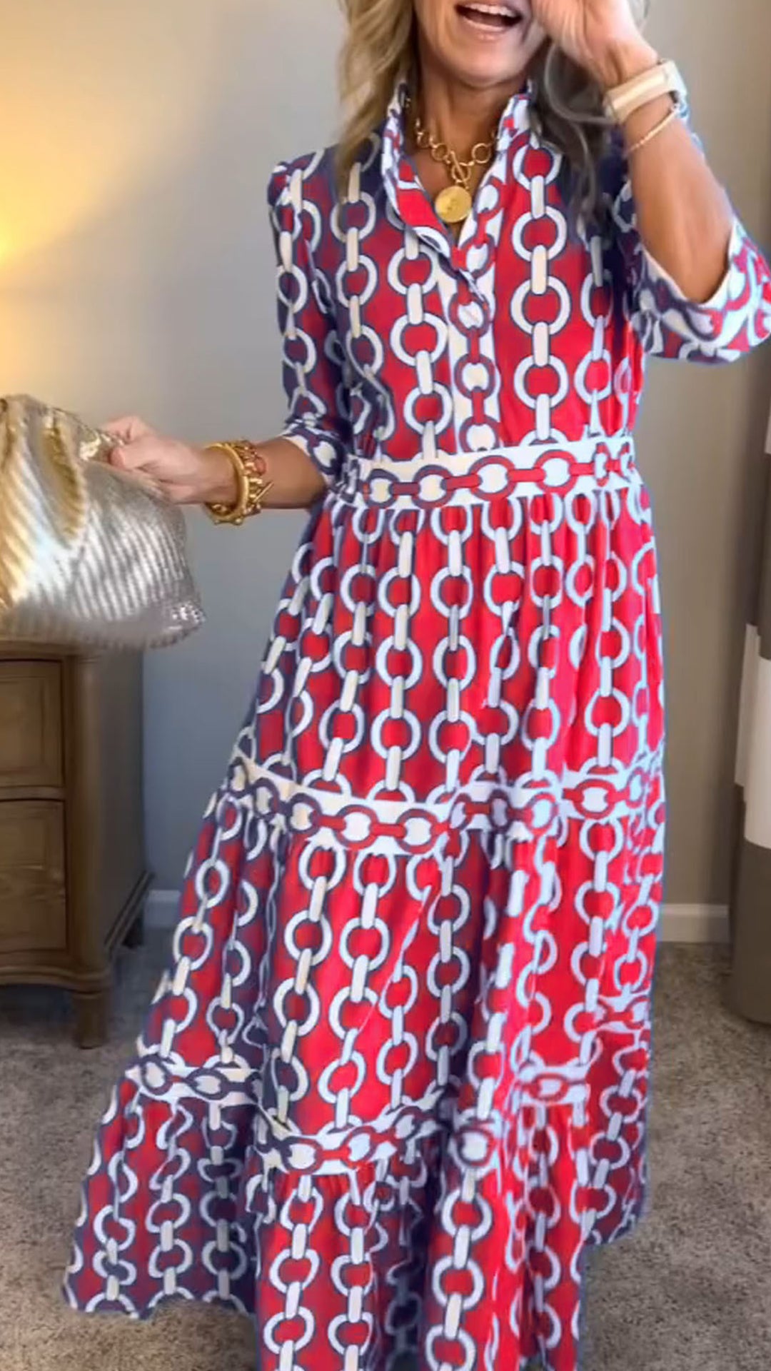Women’s  Casual Vacation Style – Chain Print Shirt Dress