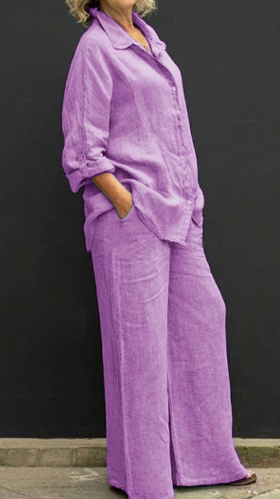 Women’s Linen Lapel Shirt & Wide-Leg Pants Two-Piece Set