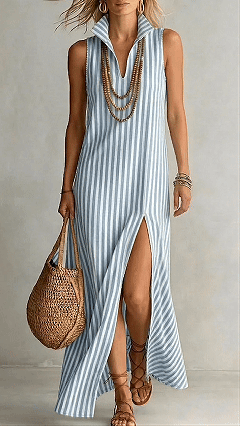 Women’s Striped Sleeveless Shirt Collar Dress