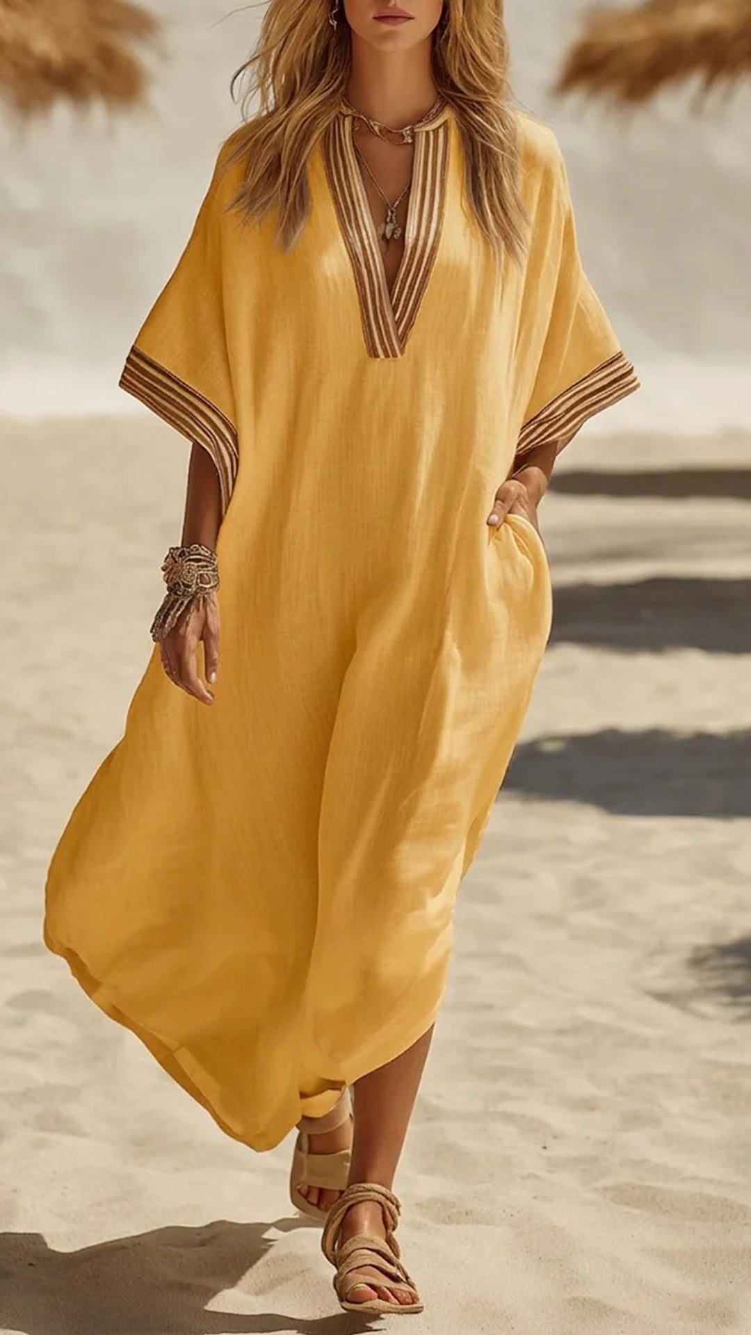 Women’s Striped Trim Cotton-Blend Kaftan Dress