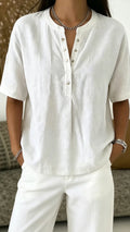 Women’s  Henley Neck Cotton-Blend Short-Sleeve Top