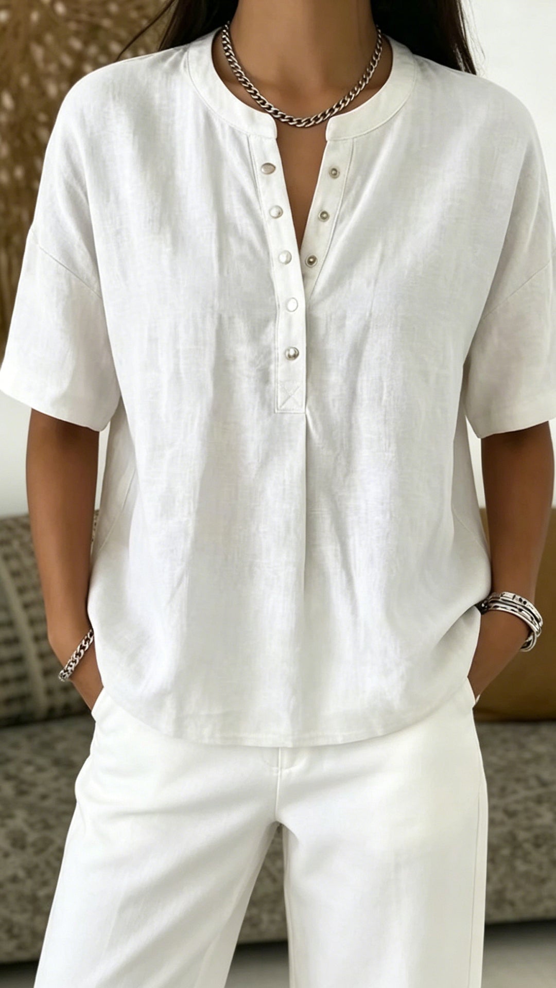 Women’s  Henley Neck Cotton-Blend Short-Sleeve Top