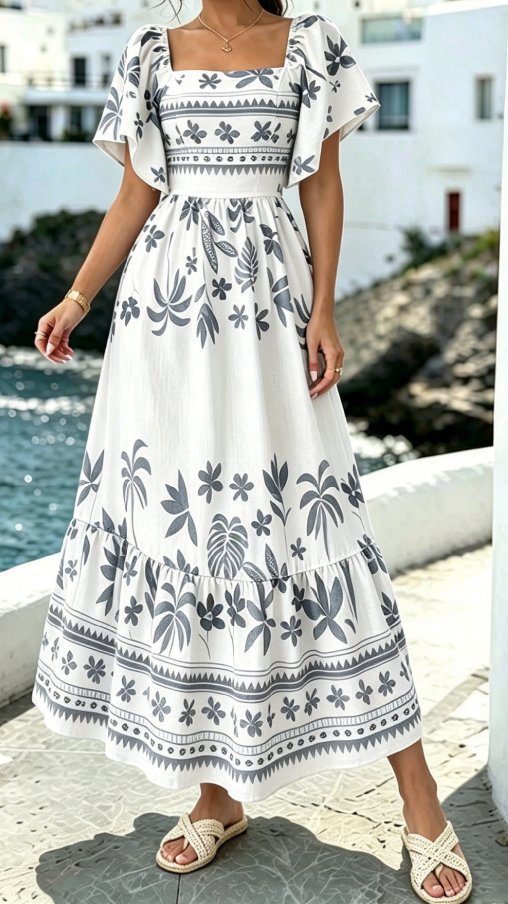 Women’s Printed Dress with Square Neckline and Flutter Sleeves