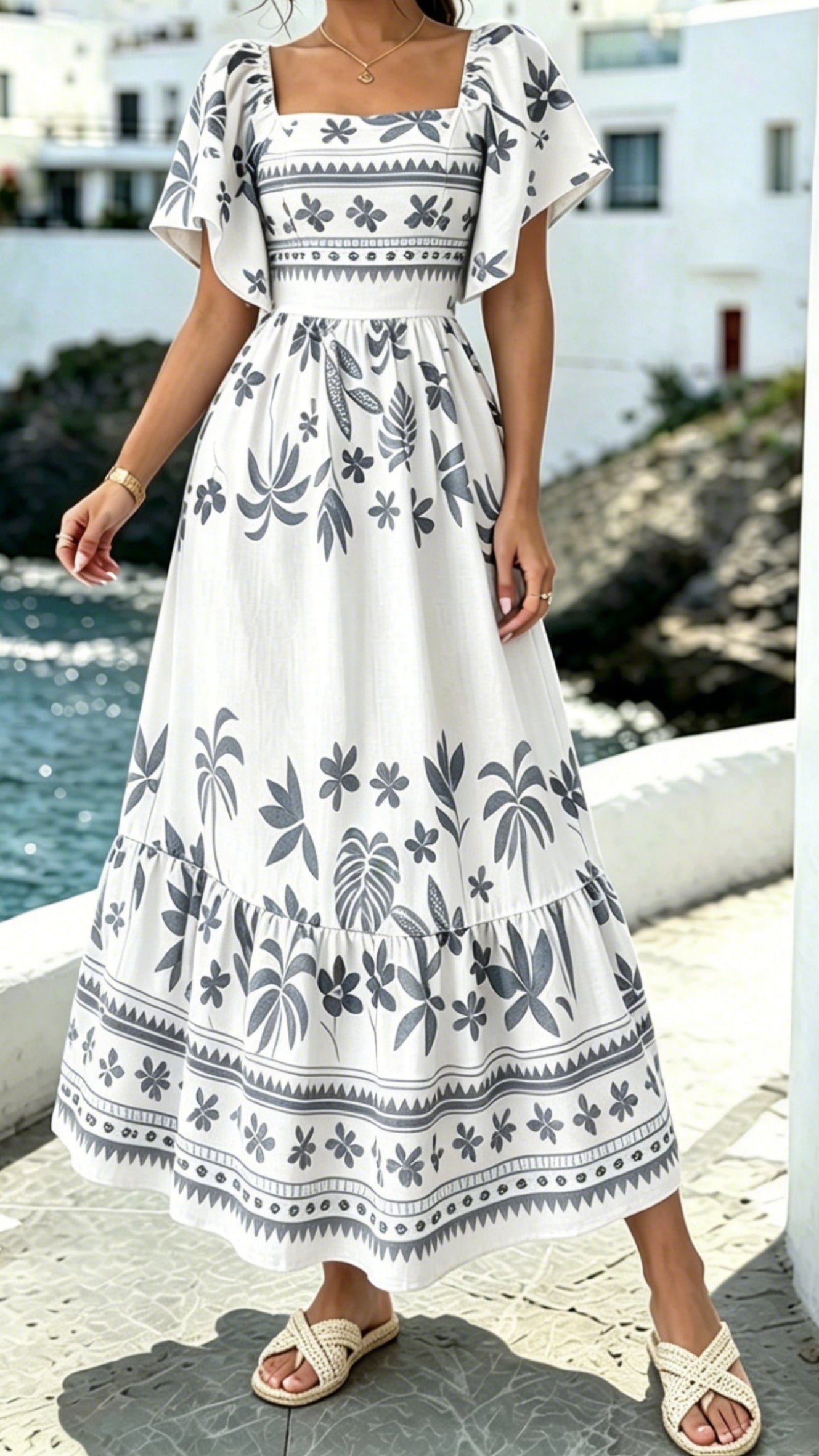 Women’s Printed Dress with Square Neckline and Flutter Sleeves
