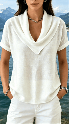 Women’s Cowl Neck Cotton-Linen Short-Sleeve Top