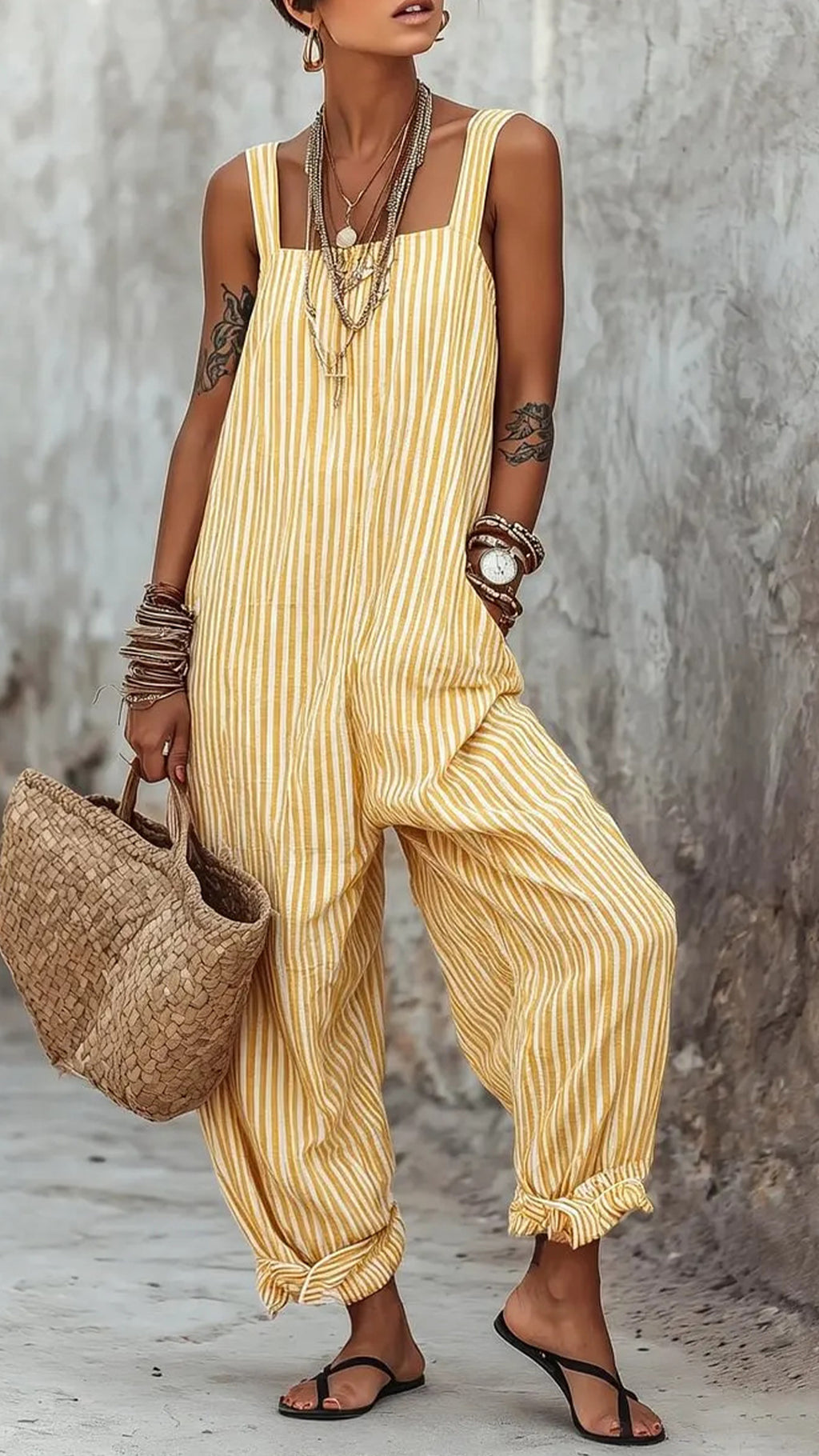 Women’s Minimalist Striped Loose-Fit Square-Neck Sleeveless Jumpsuit
