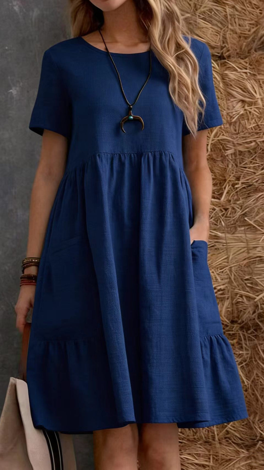Women’s Cotton-Linen Round Neck Ruffle Hem Dress