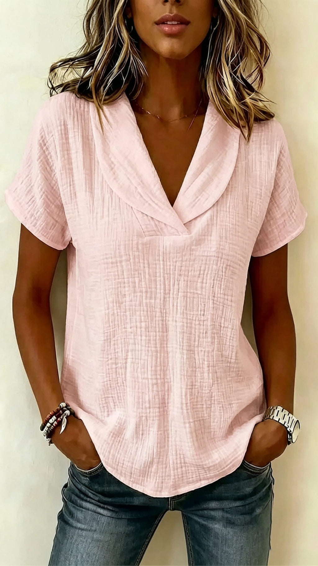 Women’s Short-Sleeve Crepe V-Neck Casual Fashion T-Shirt