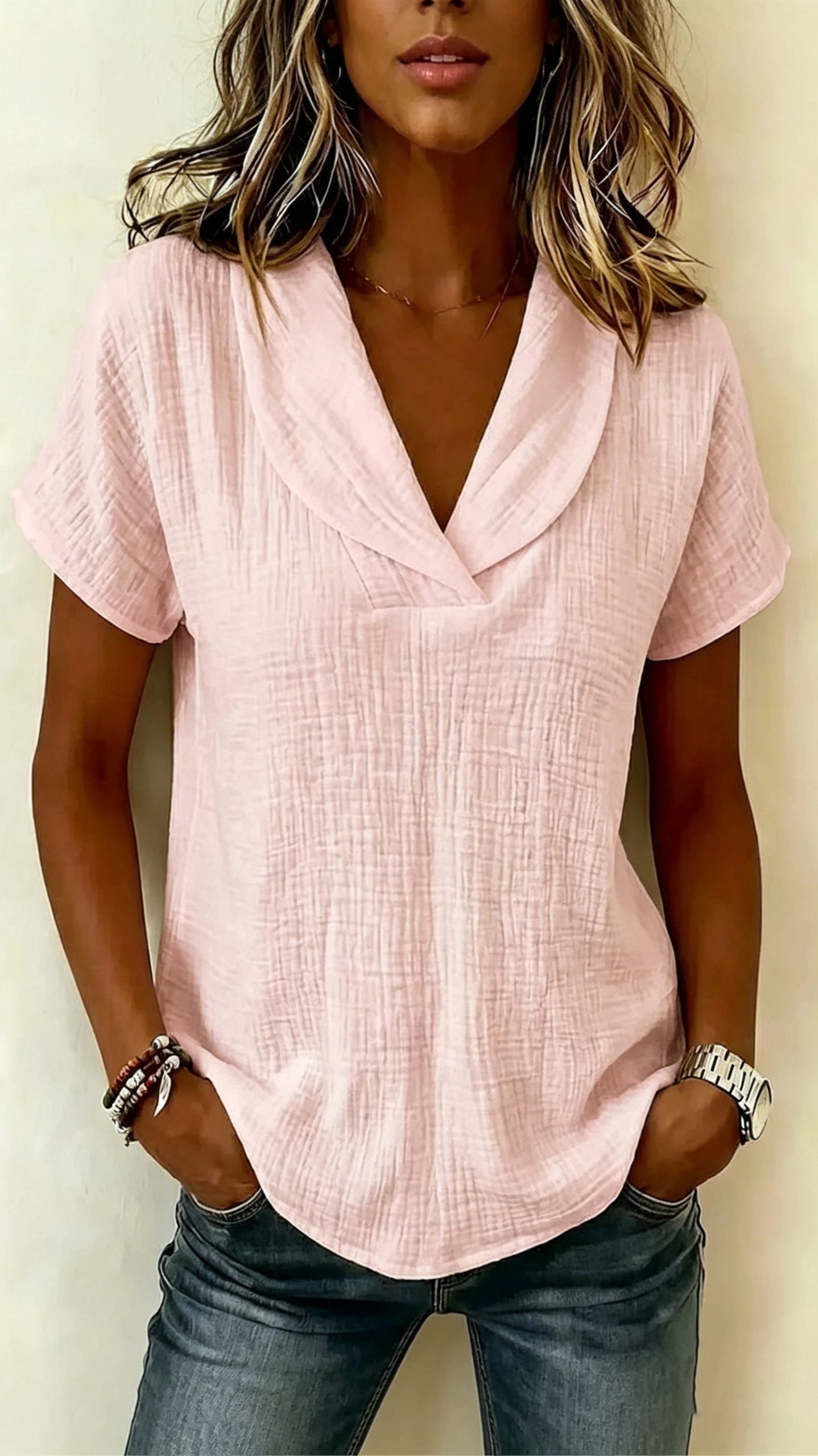 Women’s Short-Sleeve Crepe V-Neck Casual Fashion T-Shirt