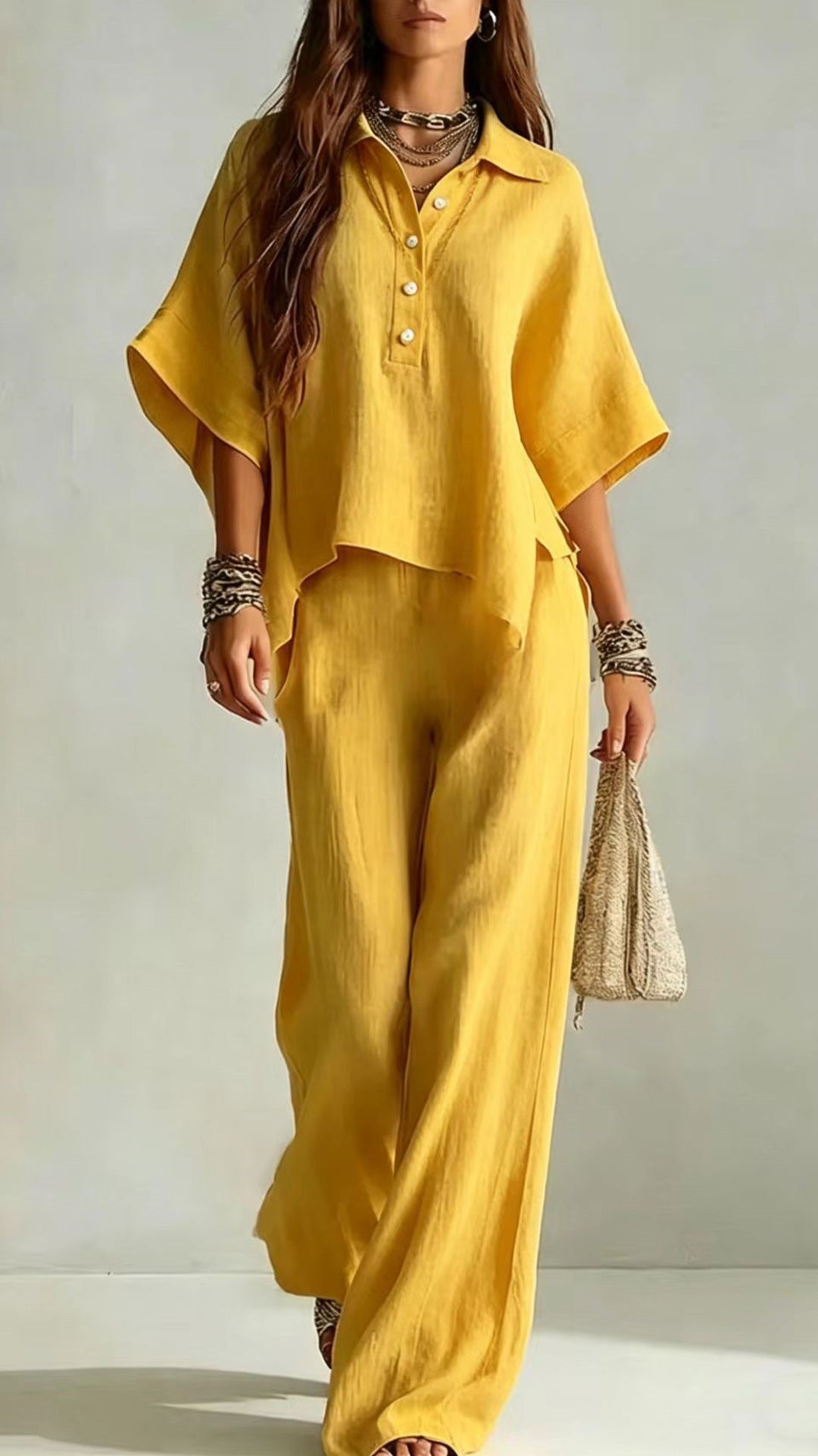 Women’s Cotton-Blend Henley Neck Wide-Leg Pants Set