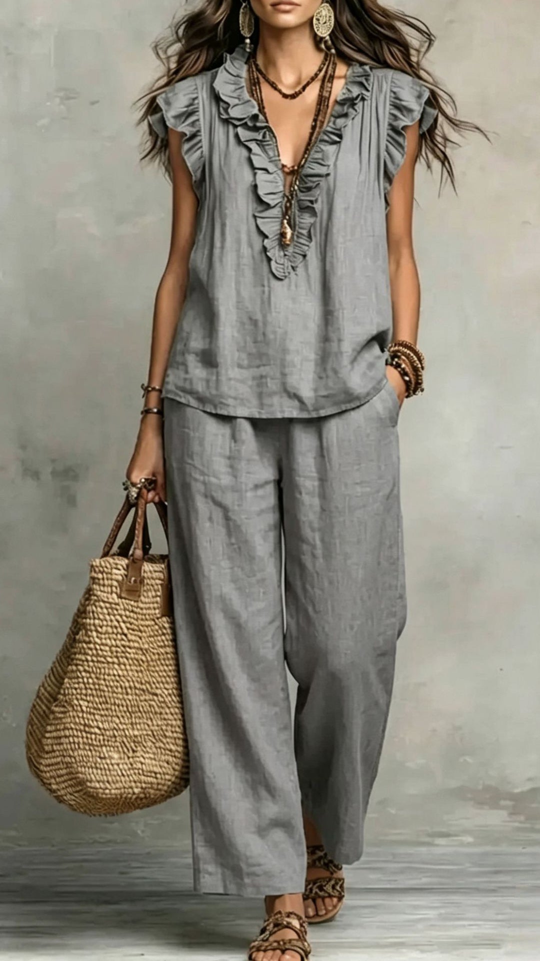 Women’s Cotton-Blend Ruffle V-Neck & Wide-Leg Pants Set