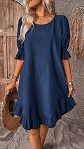 Women’s Cotton-Linen Round Neck Ruffle Hem Dress
