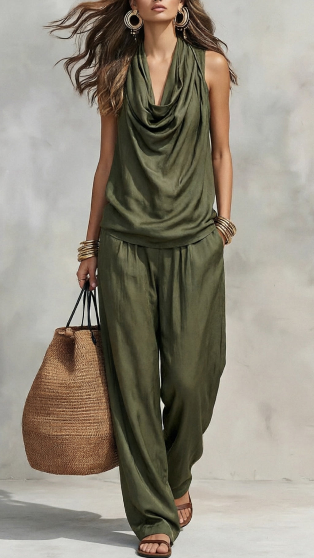 Women’s Cotton-Blend Cowl Neck Sleeveless Wide-Leg Pants Set