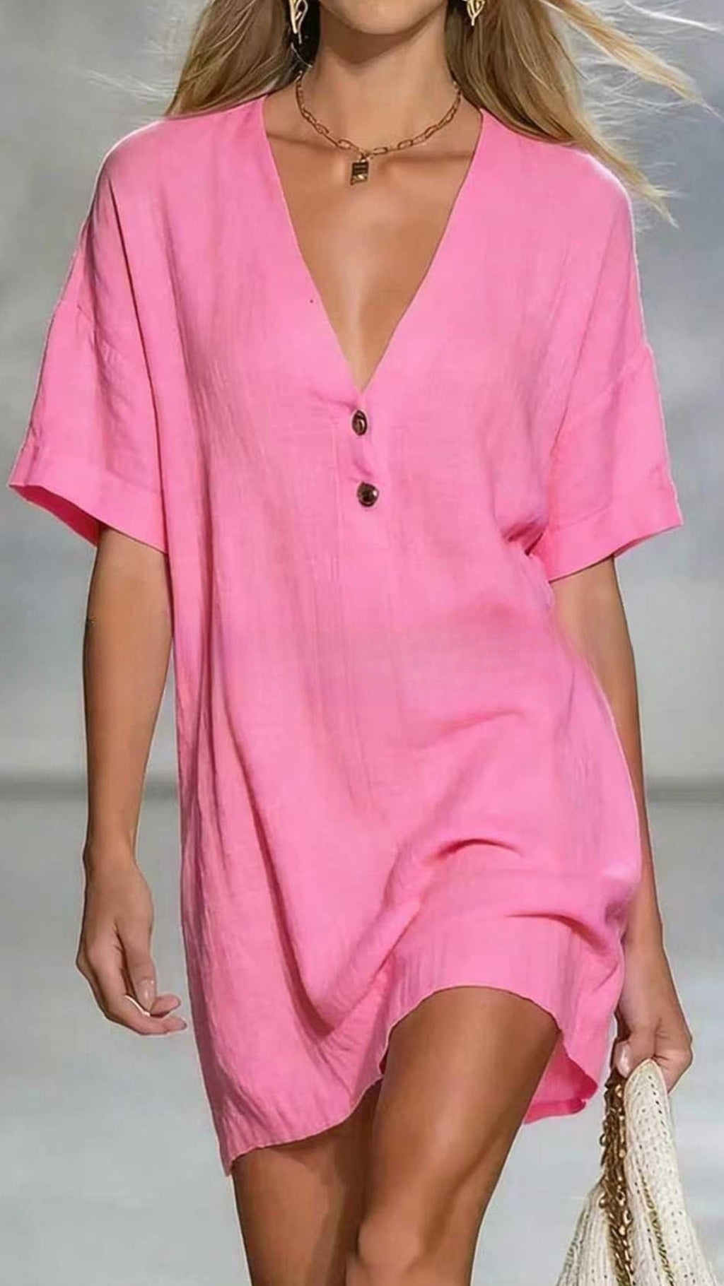 Women’s Linen-Cotton V-Neck Loose Shift Dress