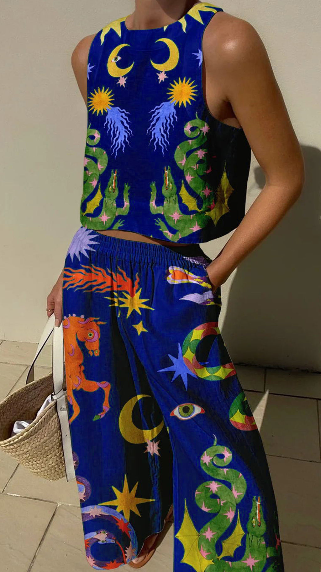 Women’s Linen-Cotton Blend Whimsical Print Tank Top & Wide-Leg Pants Set