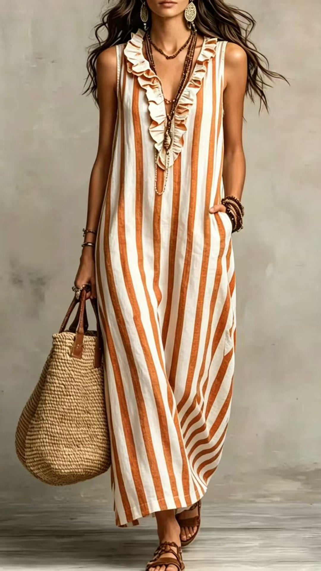 Women’s Cotton-Blend Striped Sleeveless Maxi Dress