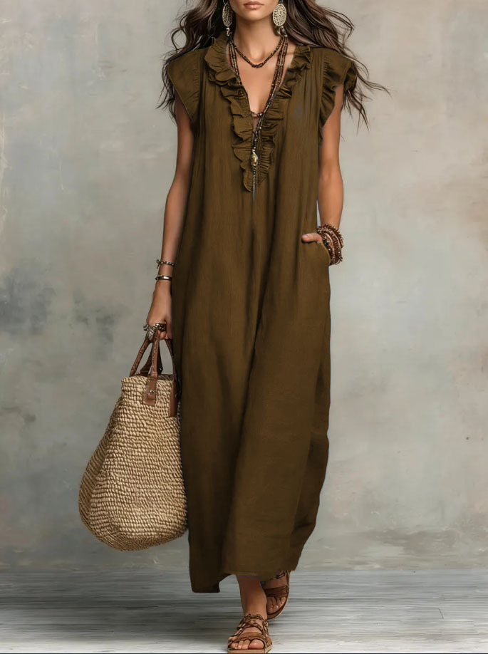 Women’s Solid Color Ruffled Art Casual Fashion Cozy Cotton Linen Dress