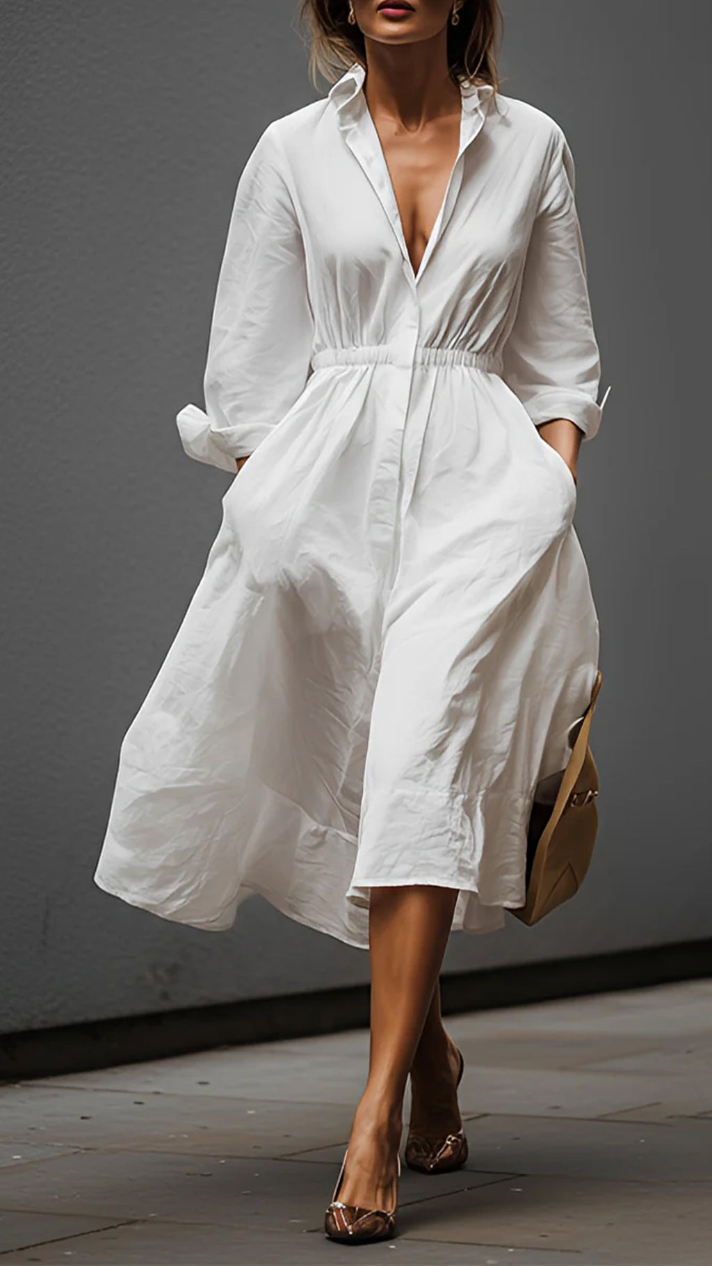 White Shirt-Collar Dress with Elastic Waist